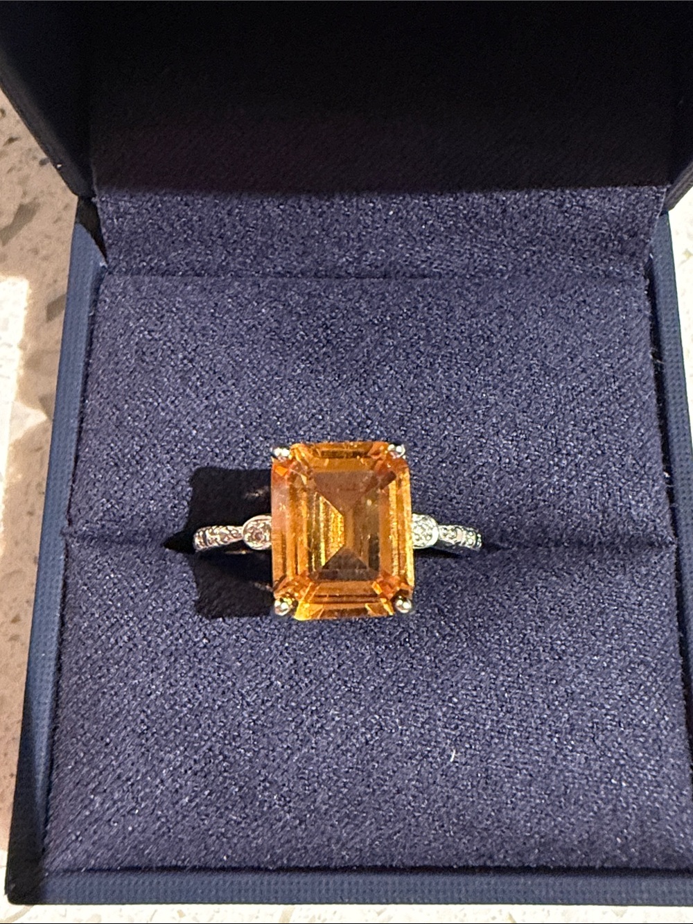 Natural Emerald-Cut Citrine Stone and Diamond Accent Ring